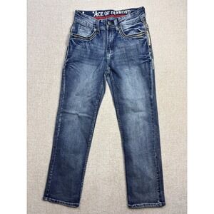 Ace of Diamond Men Straight Leg Embroidered Jeans Blue Wash 28x30 Y2K Streetwear